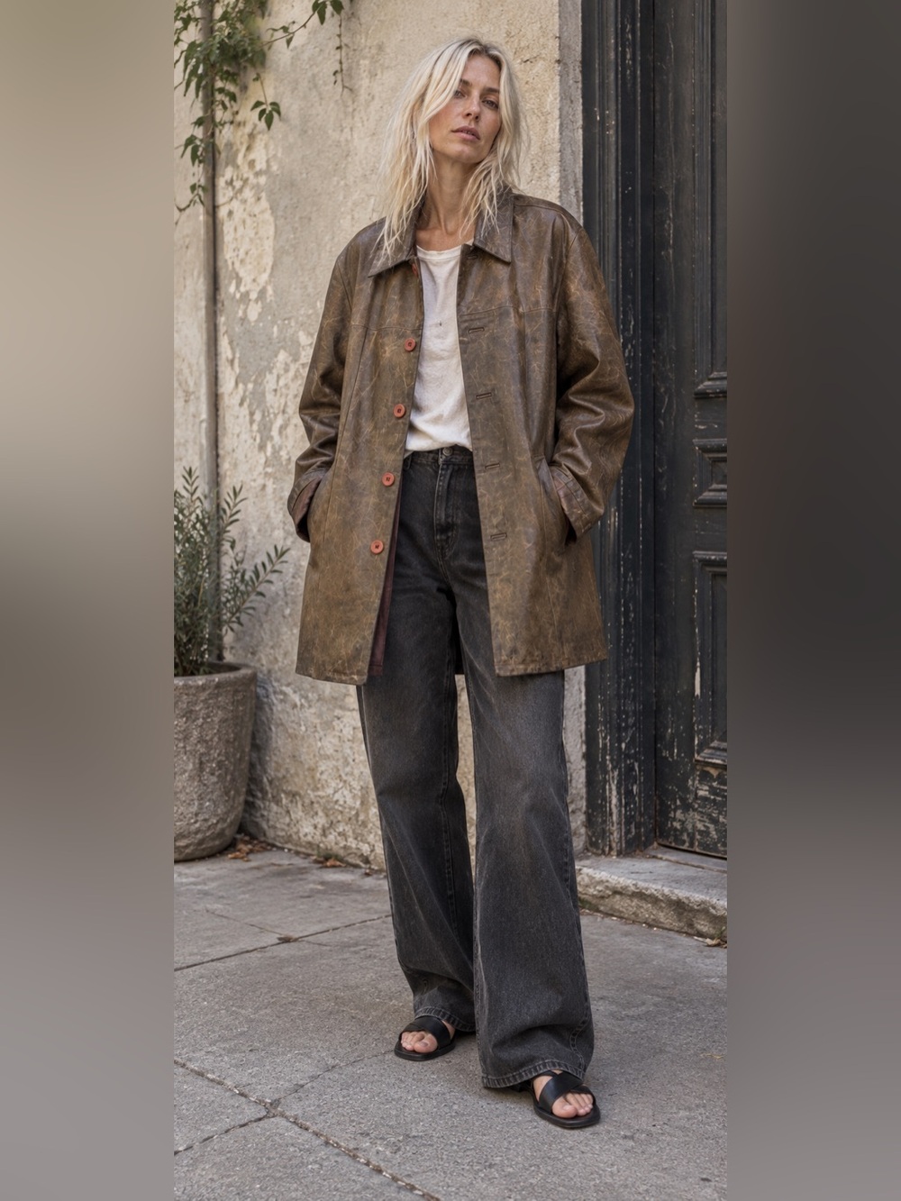 Vintage Italian Vera Pelle Distressed Brown Leather Car Coat Men’s 56 Womens XL